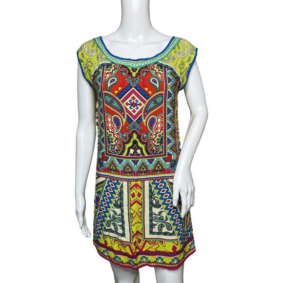 Flying Tomato‎ Dress Womens Small Yellow Red Multi Geometric Shift Mini Colorful - Picture 1 of 8